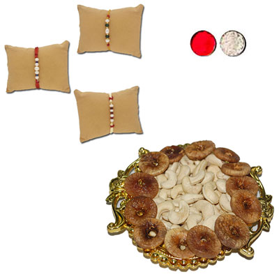 "Engraved Pearl Rakhi Combo - JPRAK-23-01 (3 Rakhis) , Dryfruit Thali - code RD400 - Click here to View more details about this Product